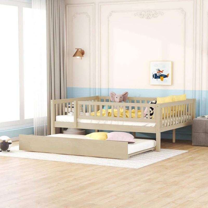 Nestfair - Natural Brown Full Daybed with Trundle and Fence Guardrails