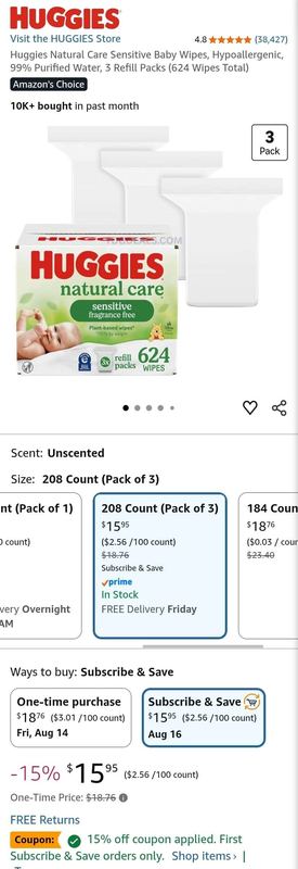 HUGGIES NATURAL CARE BABY WIPES 624-COUNT — $13.56