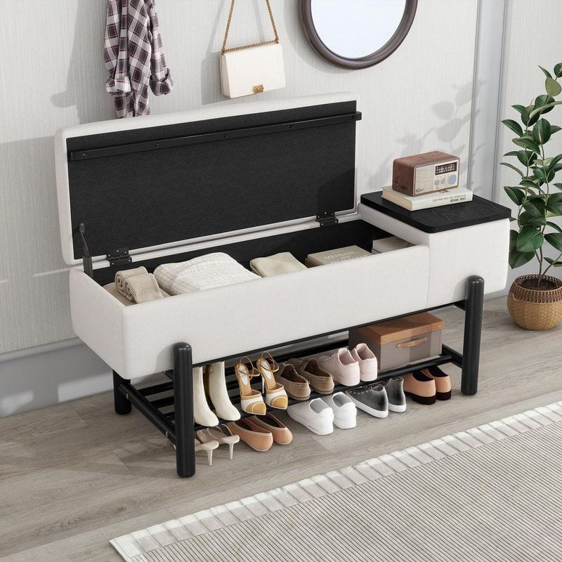 Harper & Bright Designs - 47.2 in. Black Farmhouse Beige Upholstered Entryway Storage Bench with Lift Top Hidden Compartment, Slatted Shoe Rack