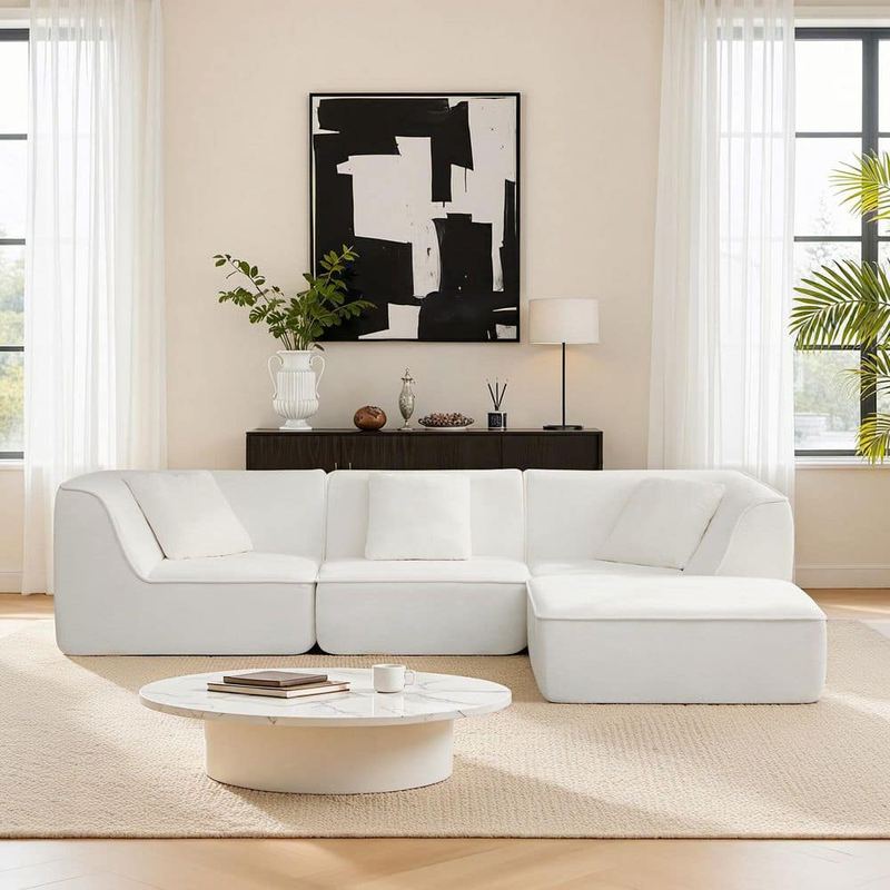 Spruce & Spring - Celia 107.87 in. Square Arm 2-Piece Fabric Sectional Sofa in Cream with Ottoman, No Assembly Modular Design