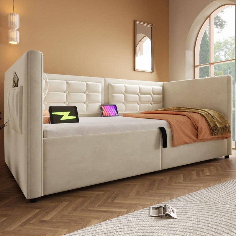 Nestfair - Beige Upholstered Twin Size Daybed with USB and Type C Charging