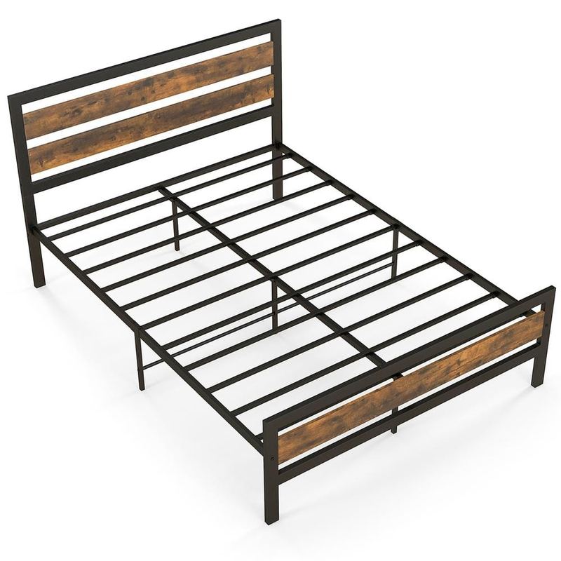 Costway - Rustic Brown Plus Black Industrial Metal Frame Full Platform Bed Rustic Headboard Mattress Foundation