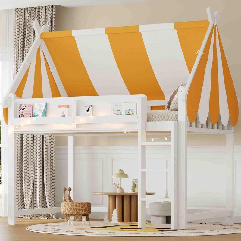 Polibi - White Full Wood Loft Bed with Canopy, LED Lights and Book Shelf