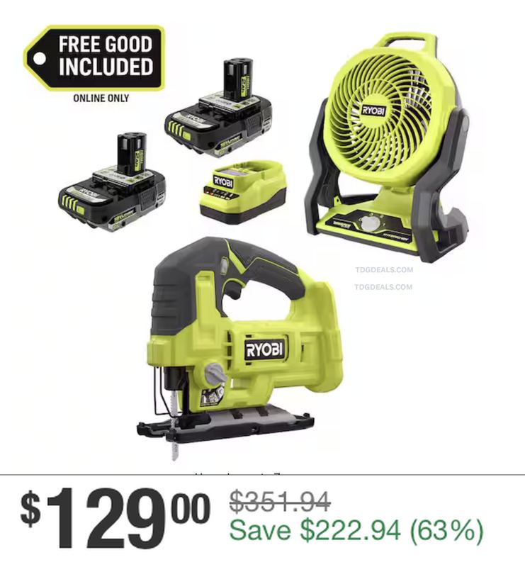 $129 RYOBI ONE+ 18V HYBRID FAN KIT + FREE JIG SAW @ HOME DEPOT