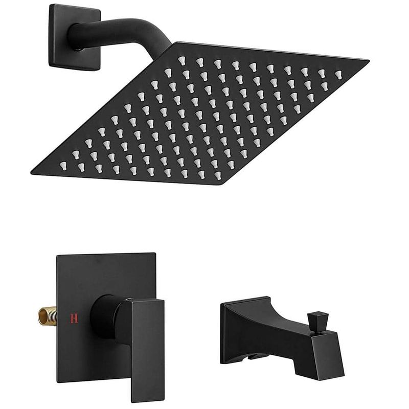 BWE - Single Handle 2-Spray Rainfall Square Tub and Shower Faucet 2.5 GPM with High Pressure in. Matte Black (Valve Included)