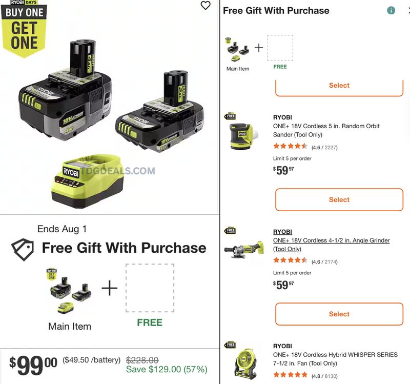 $99 RYOBI BATTERY KIT + FREE GIFT @ HOME DEPOT