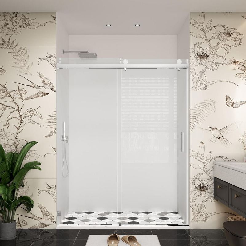 YINVANI - 60 in. W x 76 in. H Single Sliding Frameless Soft Close Bypass Shower Door in Chrome with 3/8 in. Clear Glass