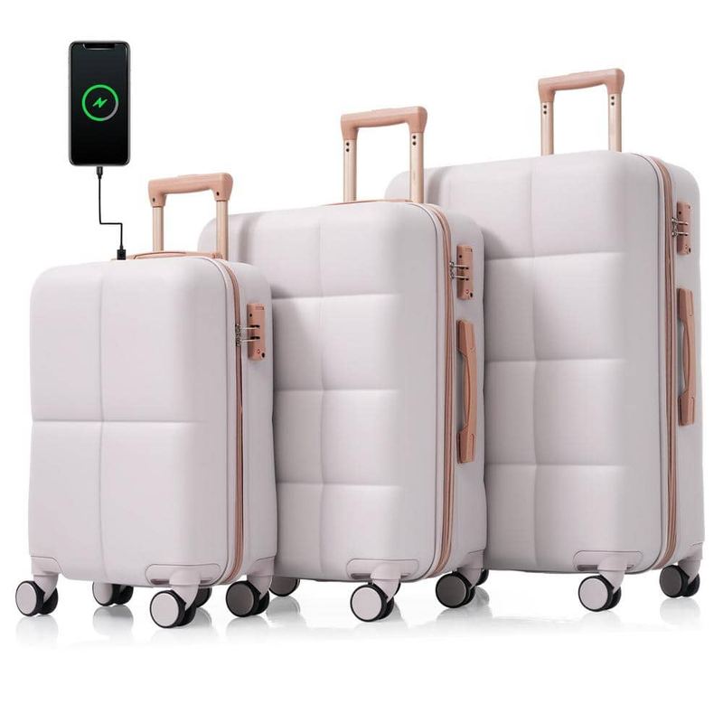 Merax - 3-Piece Light Gray 20 in. x 24 in. x 28 in. ABS Hardshell Spinner Expandable Luggage Set with USB Port Cup Holder, Hooks