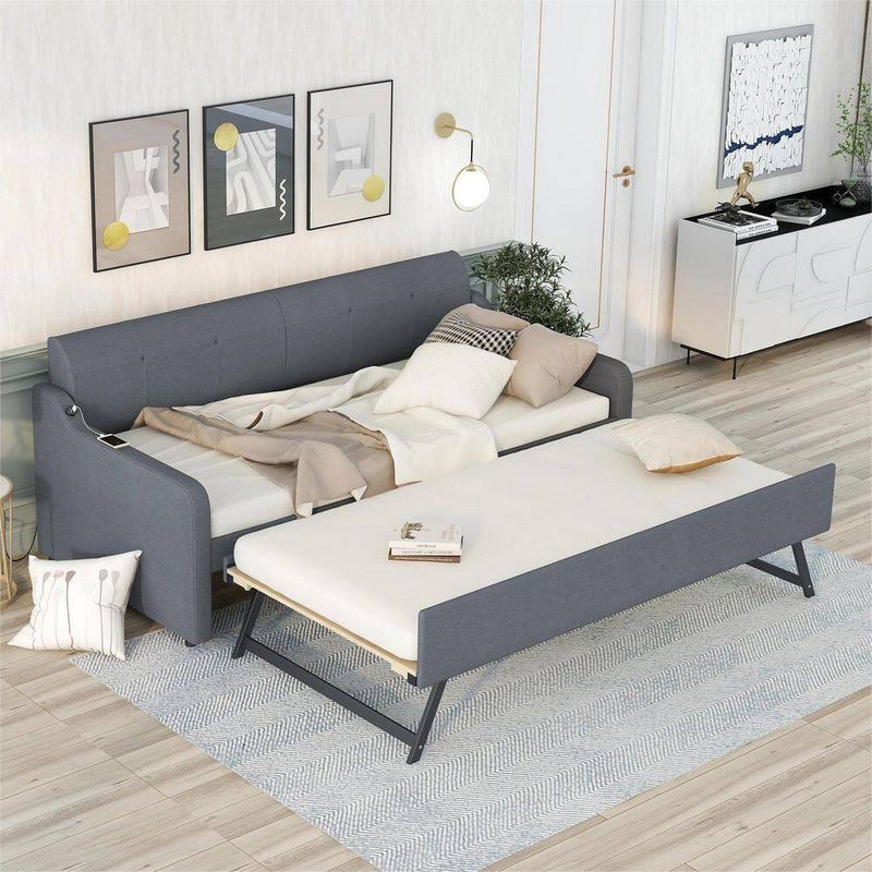 Nestfair - Gray Twin Size Upholstery Daybed with USB Charging Design and Trundle