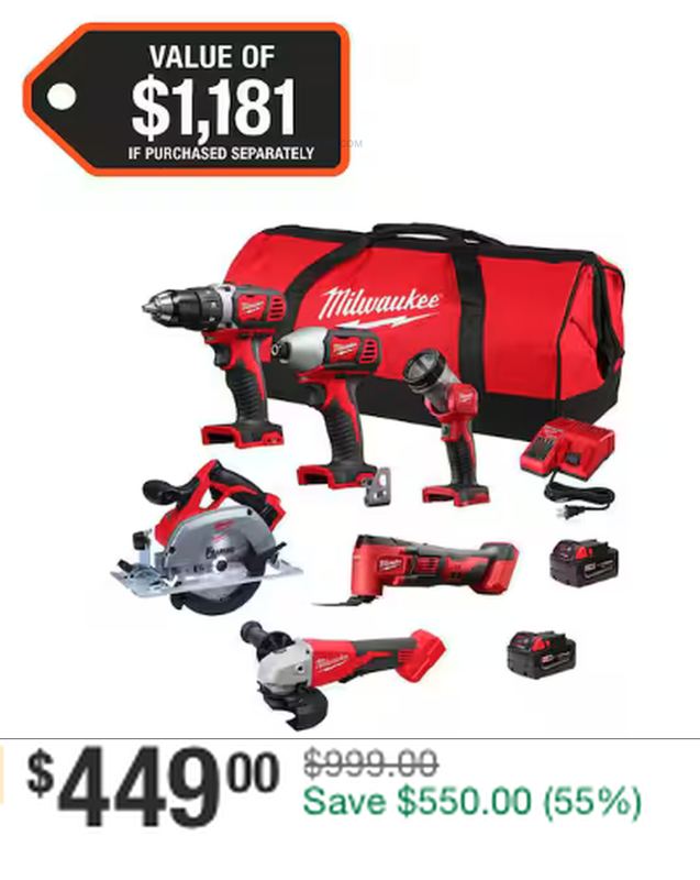 $999 MILWAUKEE M18 6-TOOL COMBO KIT NOW $449
