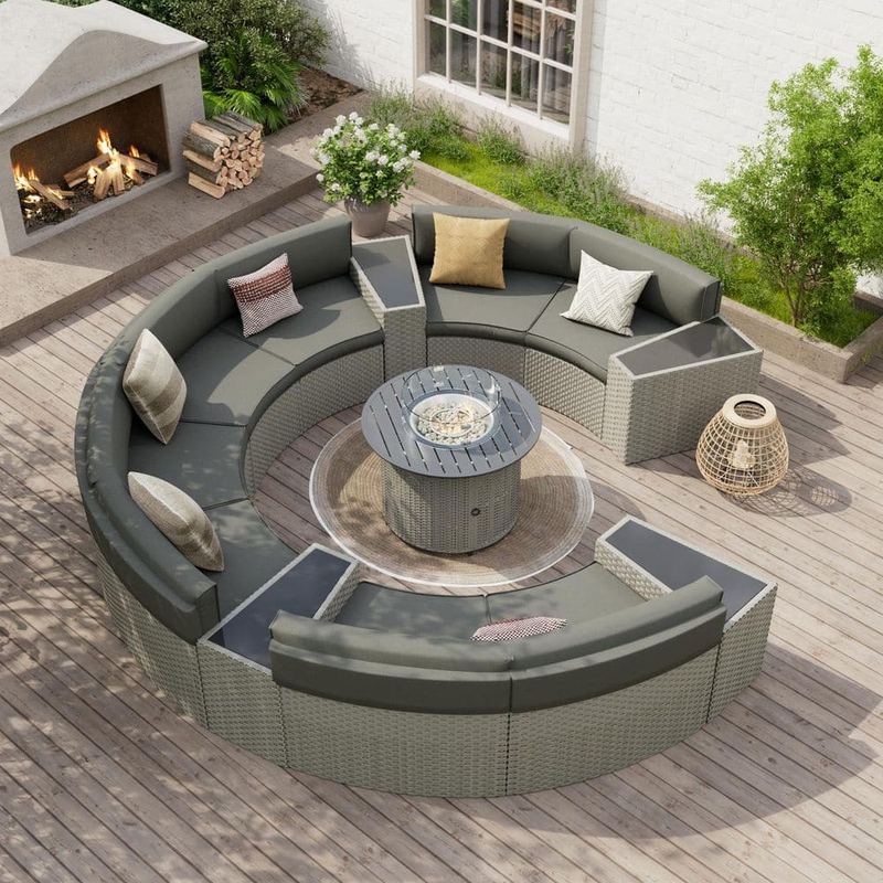 ELPOSUN - 8-Person 13-Piece Fully Assembled Wicker Curved Half-Moon Outdoor Patio Fire Pit Conversation Set with Gray Cushions