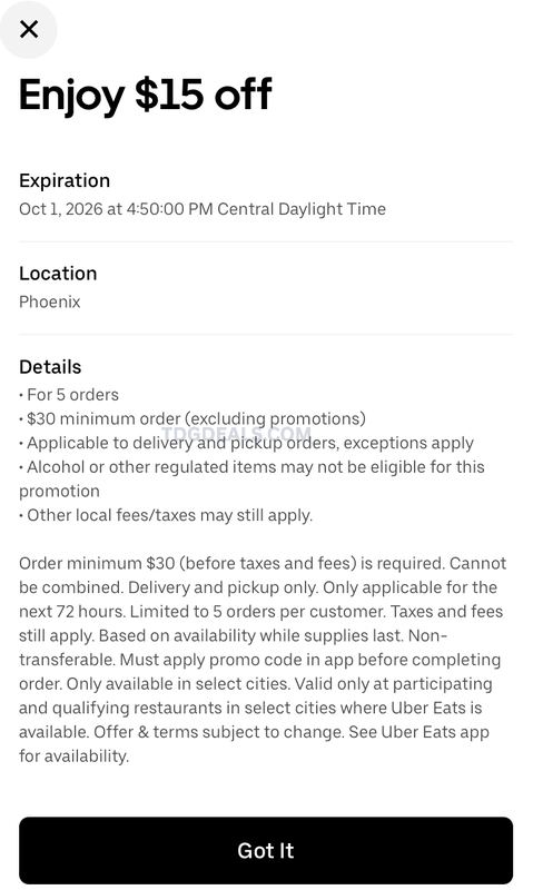 $15 OFF $30+ UBER EATS - PHEONIX AZ ONLY!