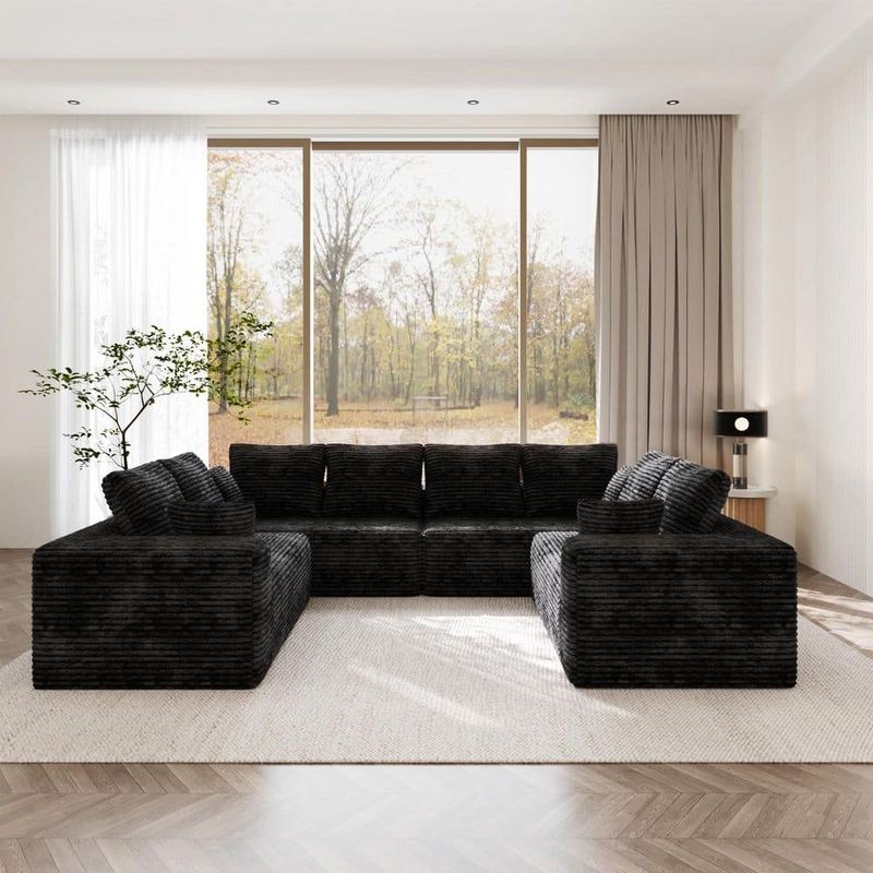 Magic Home - 268 in. Modern Corduroy Fabric U-Shaped Upholstered 4-Pieces Free Combination Sectional Sofa in Black