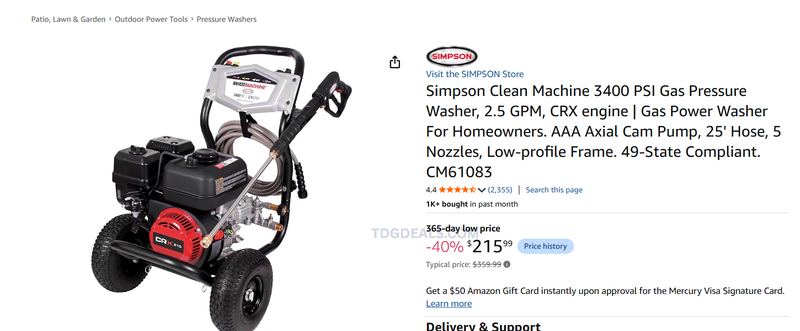 SIMPSON 3400 PSI PRESSURE WASHER — $215.99