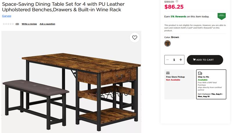 Dining Table Set for 4 with Leather Upholdstered Benches, Drawers & Built-in Wine Rack