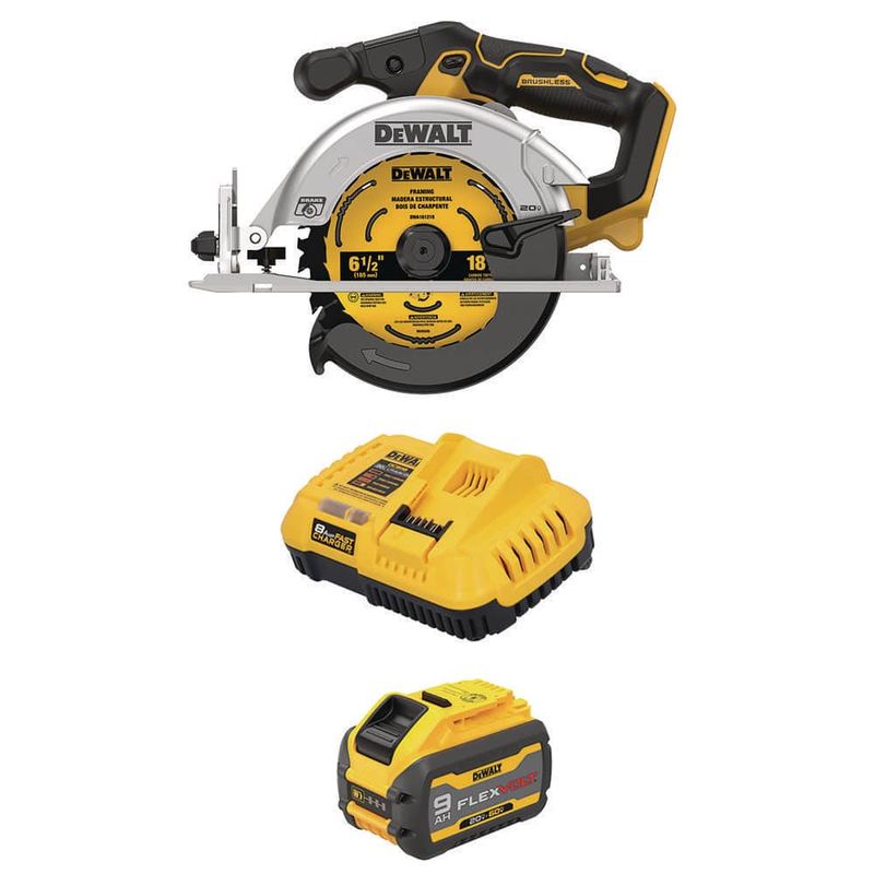 DEWALT - 20V MAX Lithium-Ion Cordless Brushless 6-1/2 in. Sidewinder Style Circular Saw with 20V/60V MAX flexvolt 9 Ah Battery