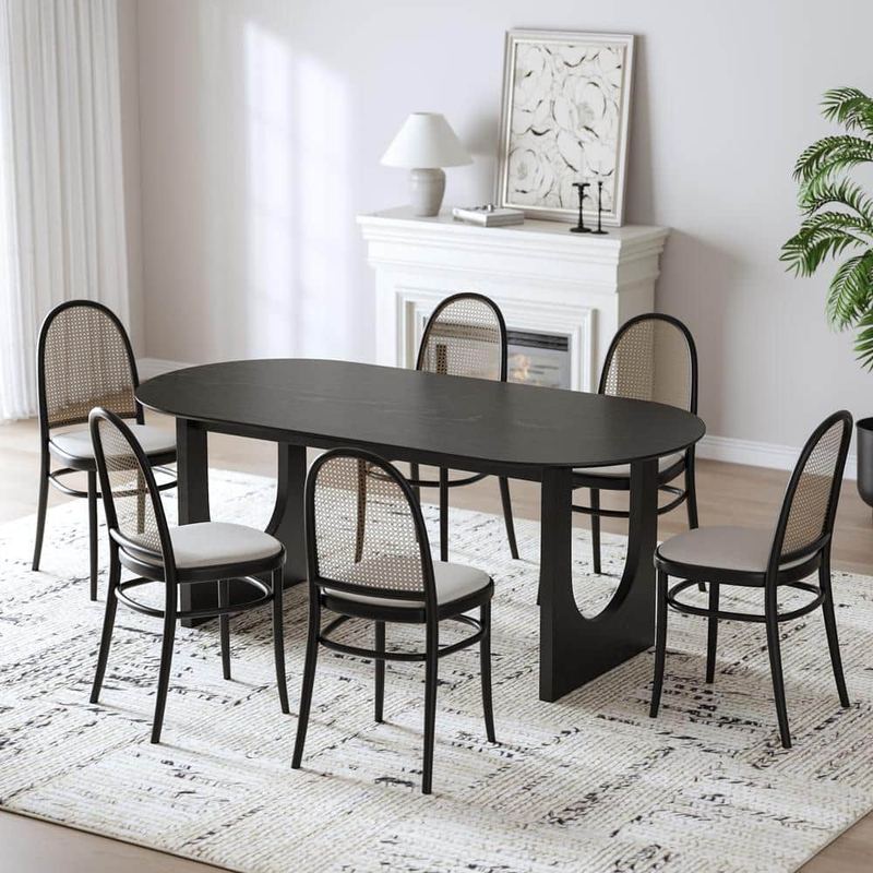 Lirago - Oval Solid Wood Black 67 in. Kitchen Table Double Pedestal Dining Table Seats 6
