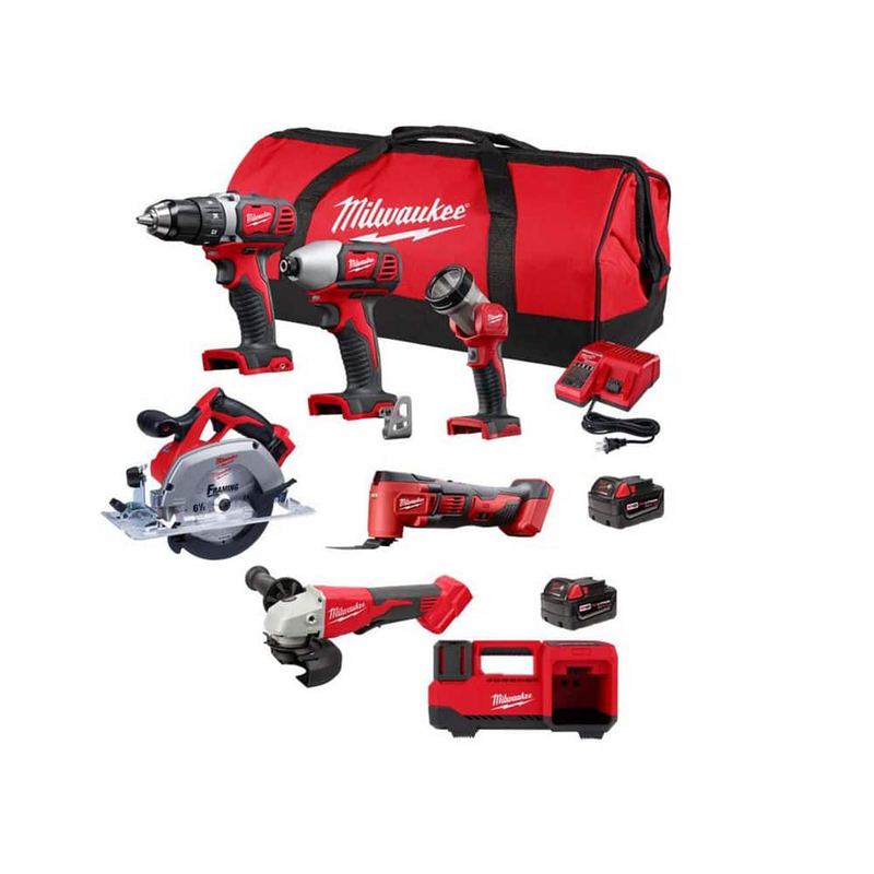 Milwaukee - M18 18-Volt Lithium-Ion Cordless Combo Kit (6-Tool) w/ 2-Batteries, Charger & Tool Bag & M18 Inflator
