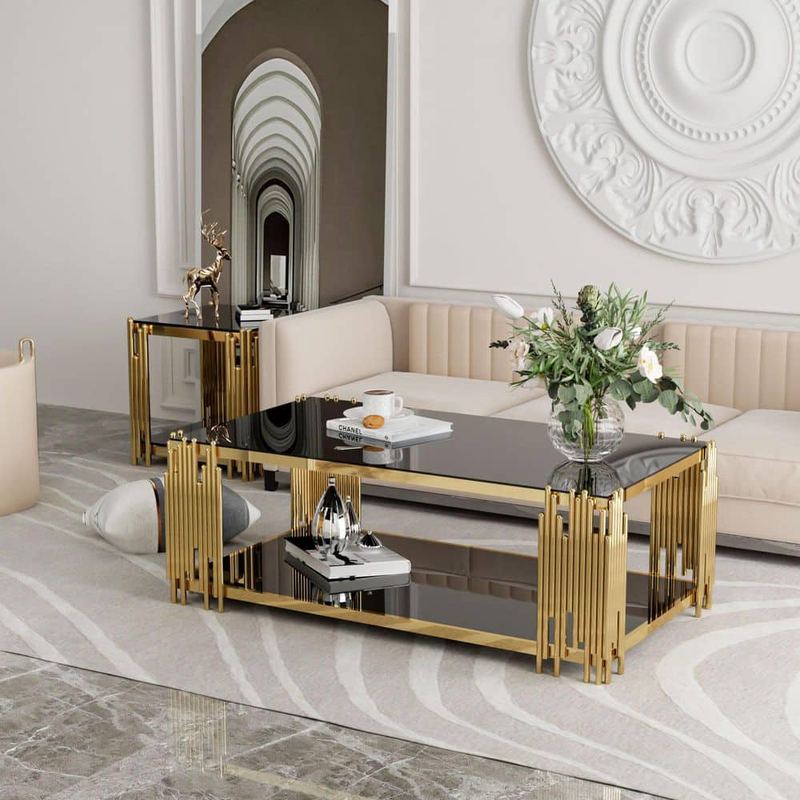 Seafuloy - 51 in. Black Rectangle Glass Coffee Table, Tempered Glass and Stainless Steel Legs, 2-Tier Center Table for Living Room