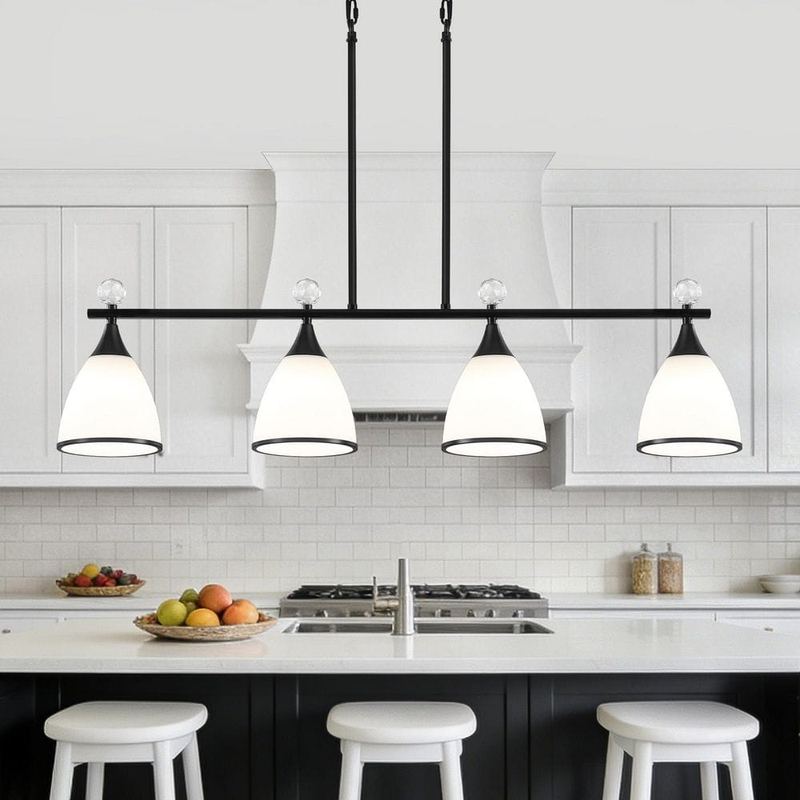ZSMIHDOH - 4-Light Black Modern Linear Kitchen Island Pendant with White Glass Shades