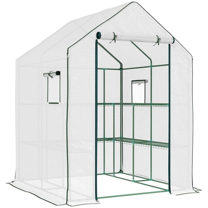 Otryad - 4.6 ft. x 4.7 ft. Portable Greenhouse Outdoor Greenhouse with 2 Tier U-Shaped Flower Rack Roll Up Door and Windows White