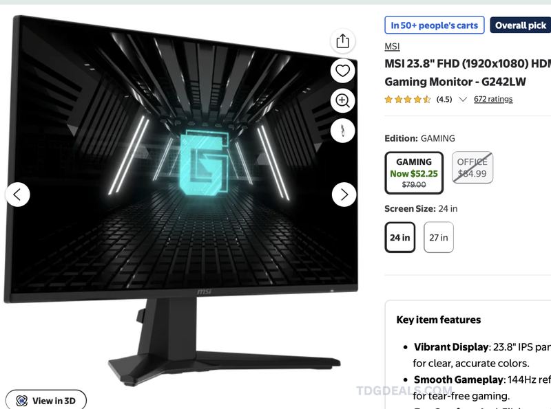 MSI 23.8" FHD 144Hz IPS Gaming Monitor for $52.25