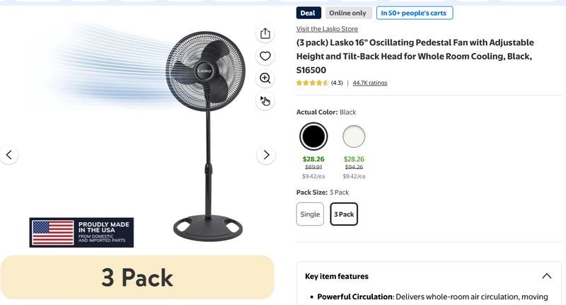 3-Pack Lasko 16" Oscillating Fans for $28