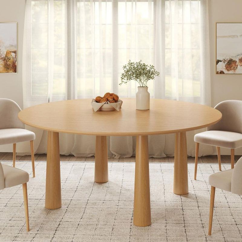 Lirago - Round Light Brown Solid Wood 59 in. Kitchen Tables 4-Legs Dining Table Seats 8