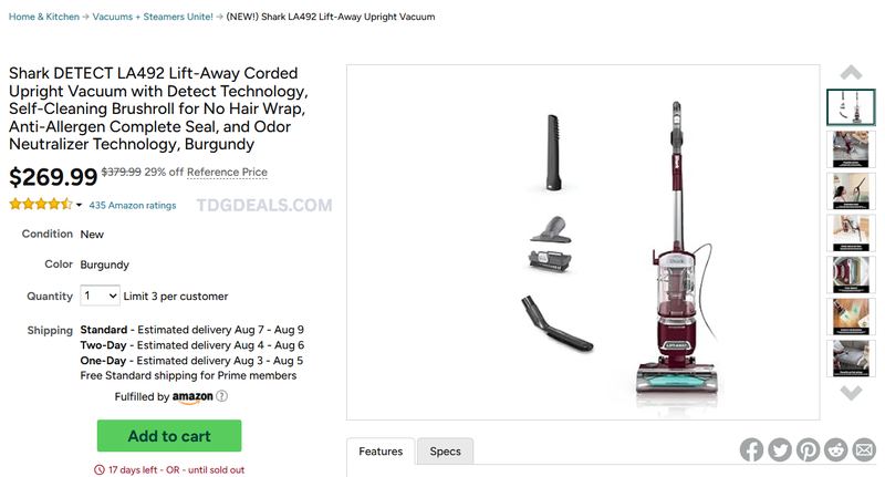 SHARK DETECT LA492 LIFT-AWAY UPRIGHT VACUUM — $269.99