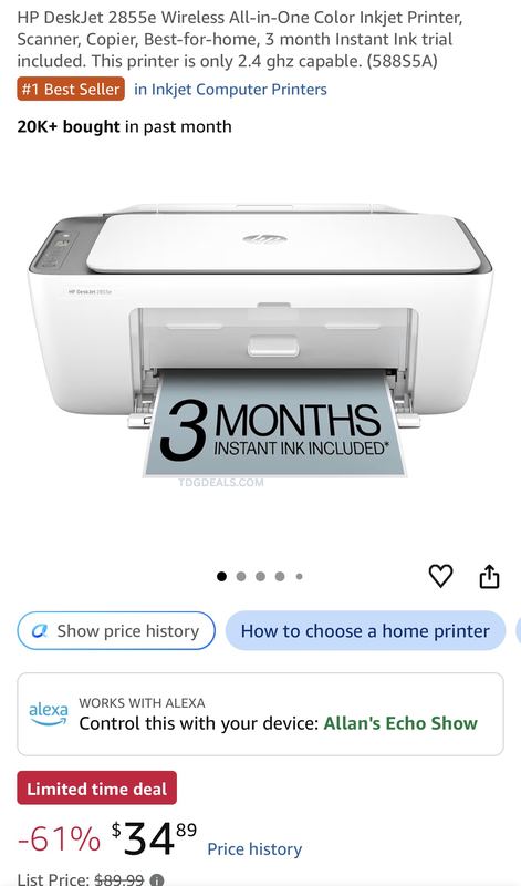$35 HP DeskJet 2855e Wireless All-in-One Color Inkjet Printer, Scanner, Copier, Best-for-home, 3 month Instant Ink trial included