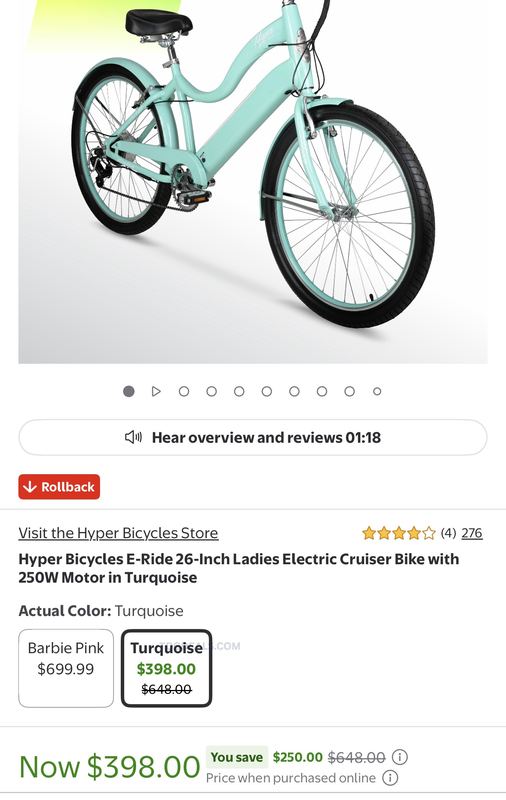 $648 HYPER 26” ELECTRIC CRUISER BIKE FOR $398