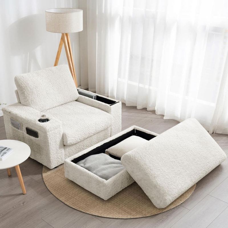 Qualler - Beige Faux Fur Leather Chaise Lounge with Storage Ottoman and Cup Holders