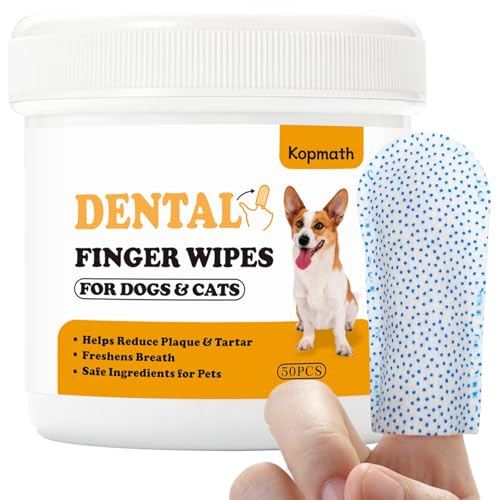 Kopmath [Upgraded] Dog Teeth Cleaning Finger Wipes, Tartar & Plaque Remover with Brushing Beads, More Friction, Dog Breath Freshener, Natural Dog Dental Wipes for Cat, Disposable Dog Teeth Wipes