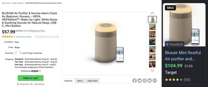 BLUEAIR HEPA PURIFIER & ALARM CLOCK $57.99