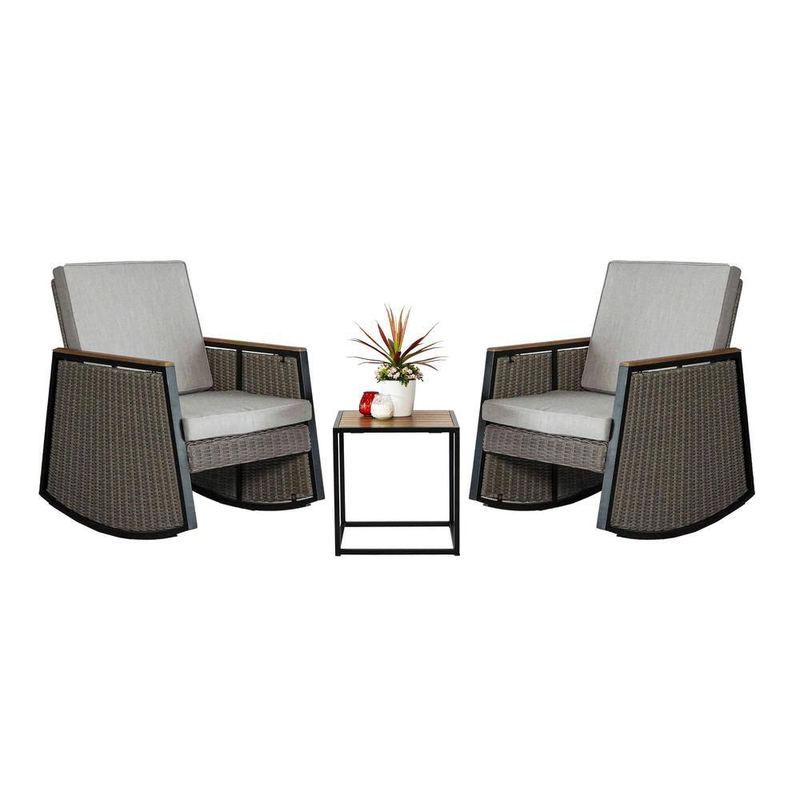 MADE 4 HOME - Madrid Gray 3-Piece Wicker Steel Outdoor Rocking Chat Set with Gray Cushions