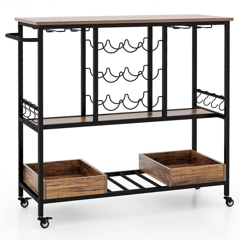 Costway - Rustic Brown 3-Tiers Bar Cart Home Serving Cart on Wheels with Glass Racks Wine Holders