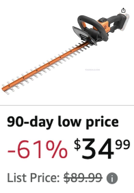 $89.99 WORX CORDLESS HEDGE TRIMMER FOR $34.99