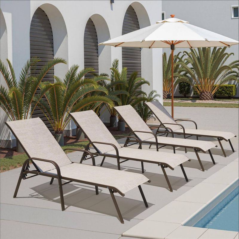Pellebant - Full Flat 4-Piece Metal Outdoor Adjustable Chaise Lounge with Beige Textilene Fabric