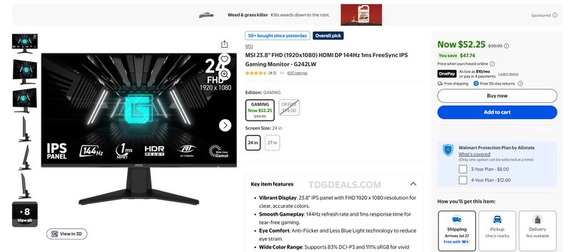 $99.99 MSI 23.8" FHD 144Hz IPS Gaming Monitor for $52.25