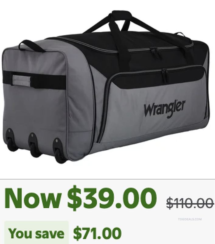 $110 WRANGLER 36-IN ROLLING DUFFEL BAG DROPPED TO $39