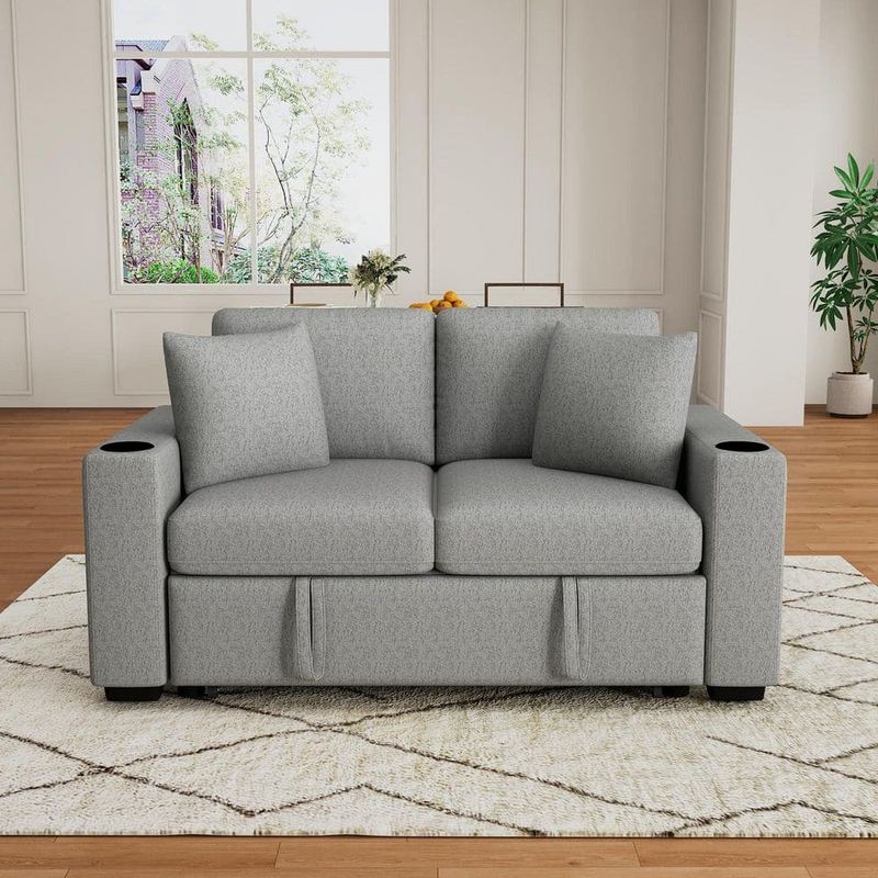 Nestfair - 60.6 in. Gray Chenille Fabric Full Size Pull-out Sofa Bed with USB Ports, Cup Holders and Pillows