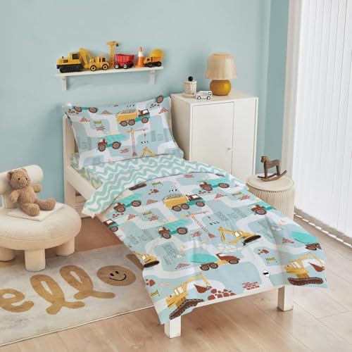 Erwinmu Tractor Full Comforter Sets for Boys&Kids,3 Pieces Bed in a Bag Blue White Cartoon Comforter Bedding Sets Reversible Pattern,Soft Microfiber Comforter for All Season and 2 Pillowcases