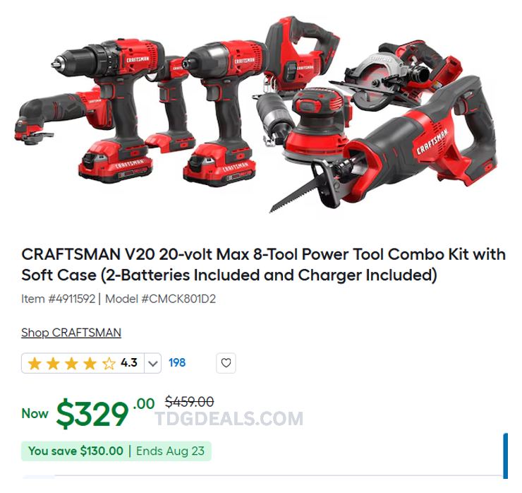 CRAFTSMAN 8-TOOL COMBO KIT $130 OFF