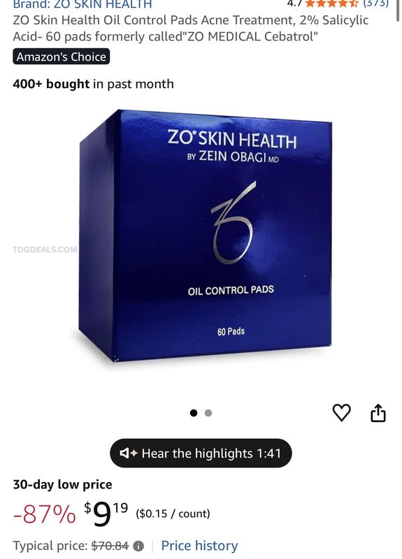 60 ZO SKIN HEALTH OIL CONTROL PADS FOR $9