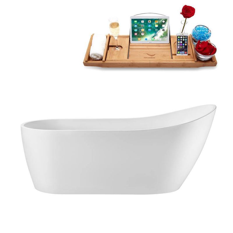 Streamline - 69 in. x 32 in. Acrylic Freestanding Soaking Bathtub in Glossy White with Polished Gold Drain, Bamboo Tray