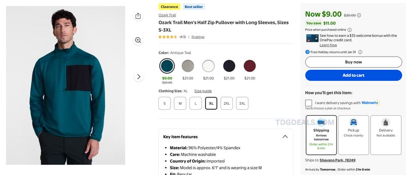 Ozark Trail Men's Half Zip Pullover FOR $9.00 AT Walmart
