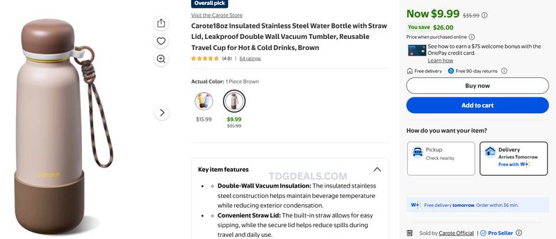 $10 Carote 18oz Insulated Stainless Steel Water Bottle