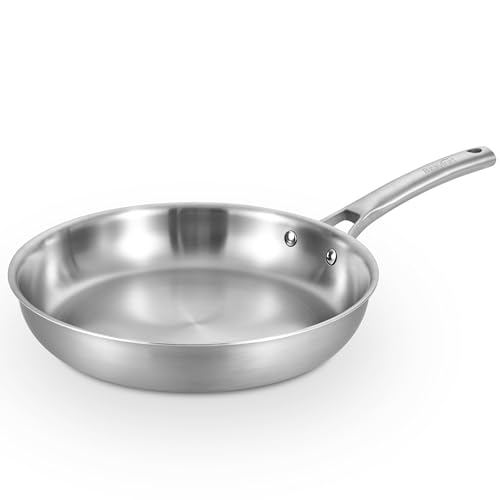 Bzayeat Chef's Frying Pan 8 Inch, Tri-Ply Clad Stainless Steel Skillet, Induction Compatible Sauté Pan with Even Heat for Searing, Oven & Dishwasher Safe, Professional Restaurant Grade Cookware