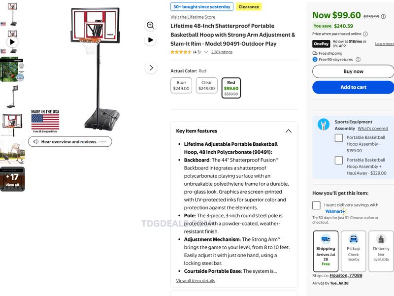 LIFETIME 48-IN PORTABLE BASKETBALL HOOP — $99.60