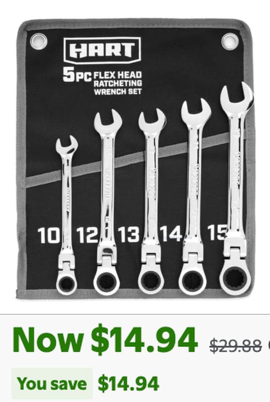 50% HART 5-Piece Flex Head Ratcheting Wrench Set now $14.94 🛠️